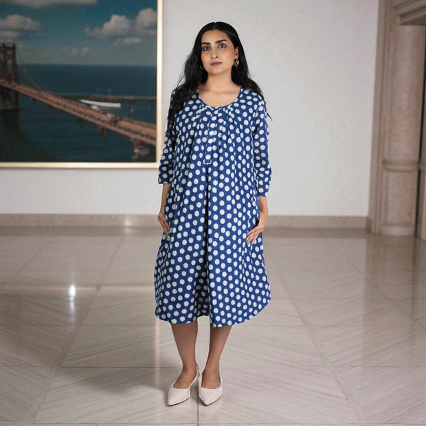 IndiDots Handblock Cotton Flared Dress