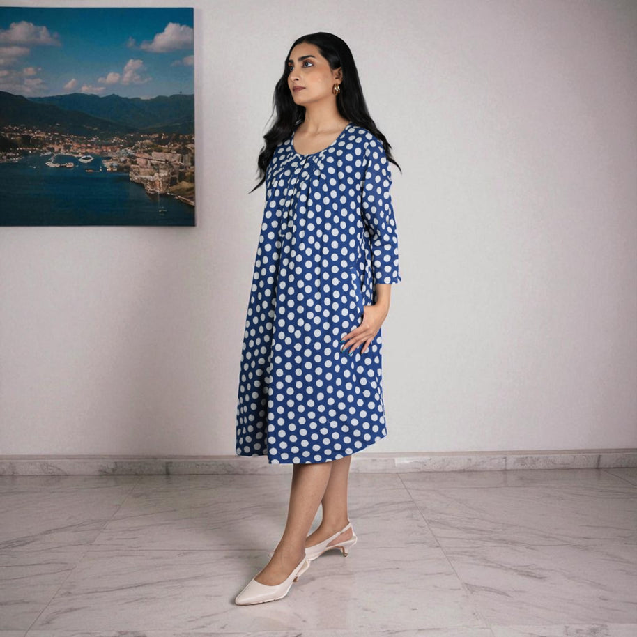 IndiDots Handblock Cotton Flared Dress