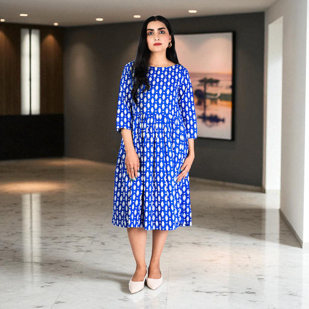 AquaBloom Handblock Cotton Gathered Dress