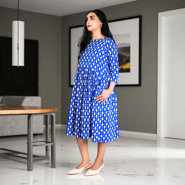 AquaBloom Handblock Cotton Gathered Dress