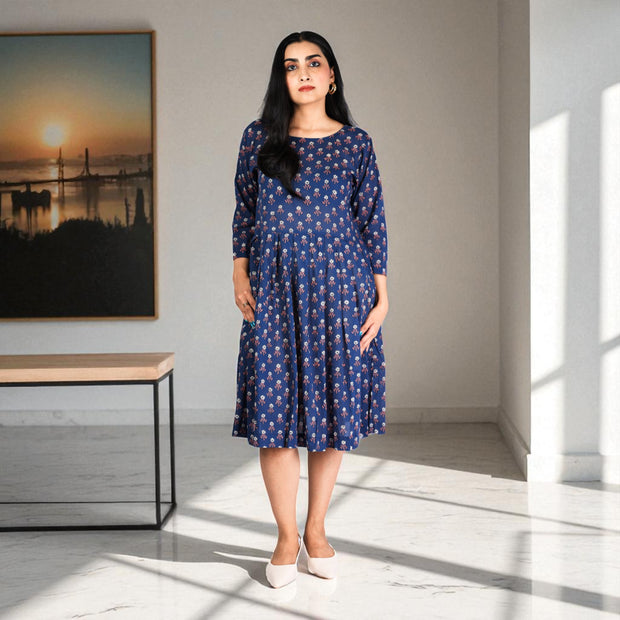 BlueBloom Handblock Cotton Gathered Dress