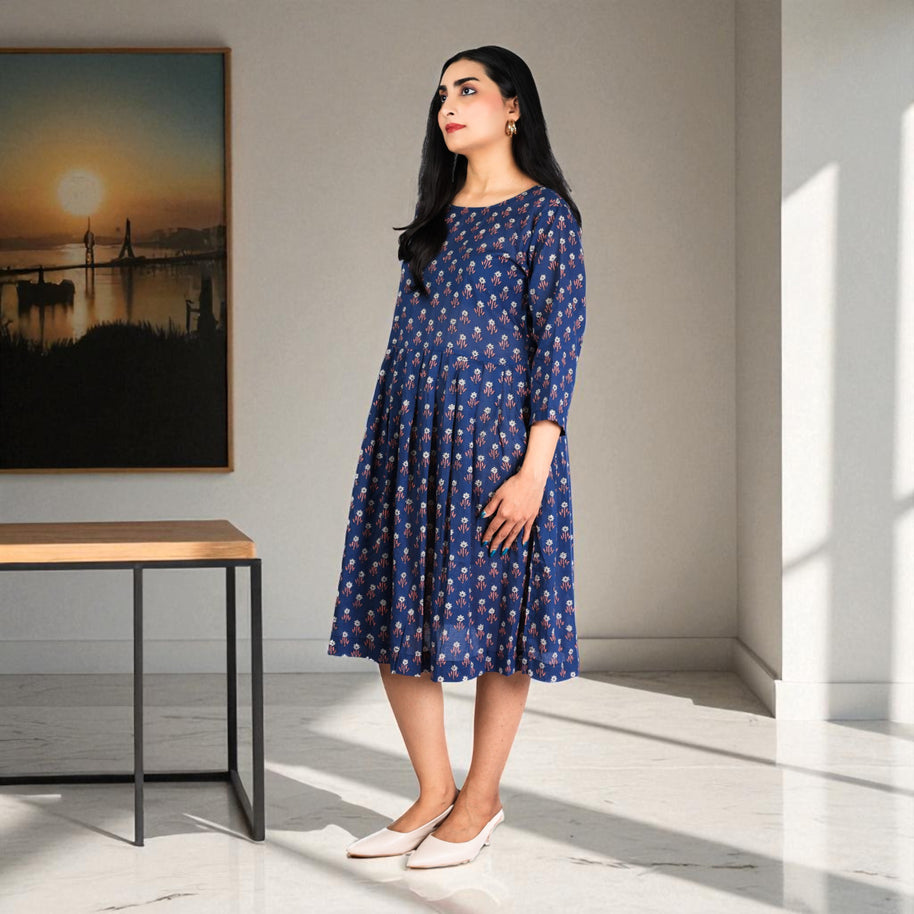 BlueBloom Handblock Cotton Gathered Dress