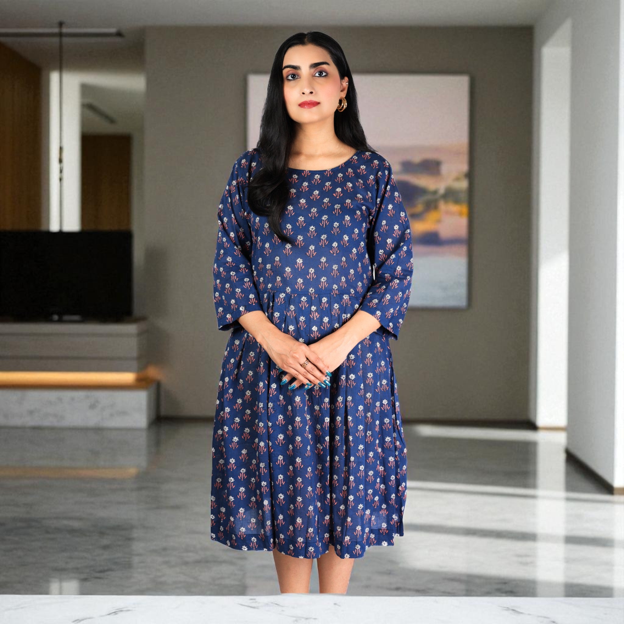 BlueBloom Handblock Cotton Gathered Dress