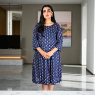 BlueBloom Handblock Cotton Gathered Dress