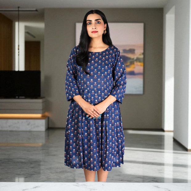 BlueBloom Handblock Cotton Gathered Dress