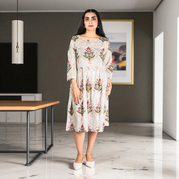 MughalFlair Handblock Cotton Gathered Dress