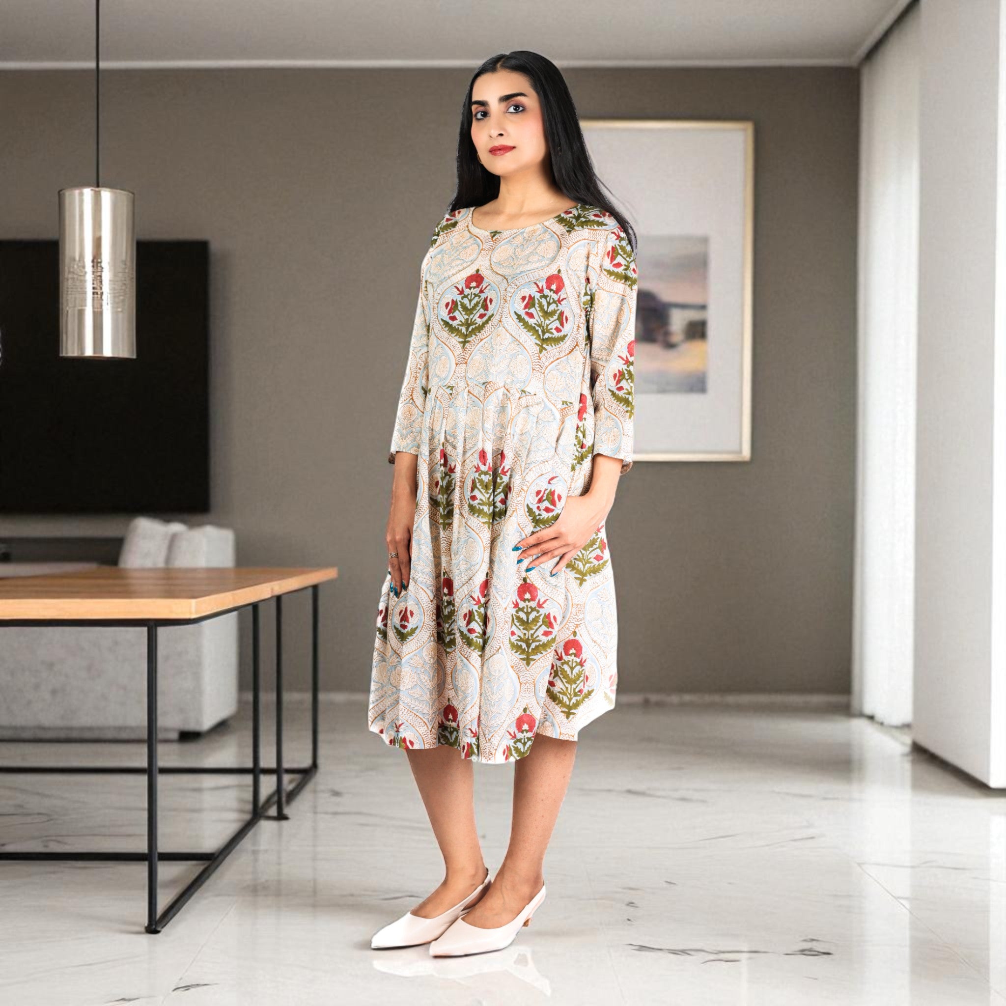 MughalFlair Handblock Cotton Gathered Dress