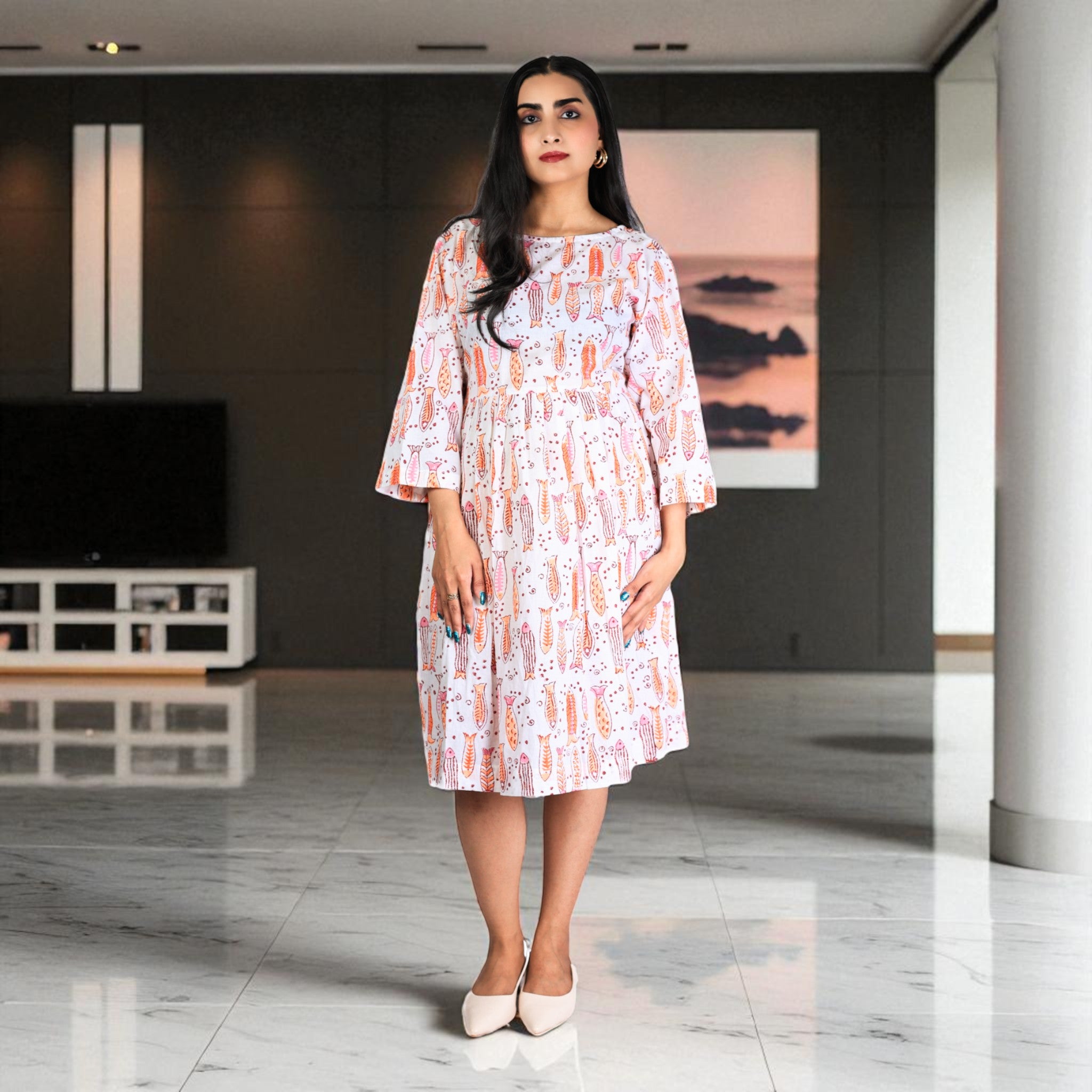Citrus Wave Handblock Cotton Gathered Dress
