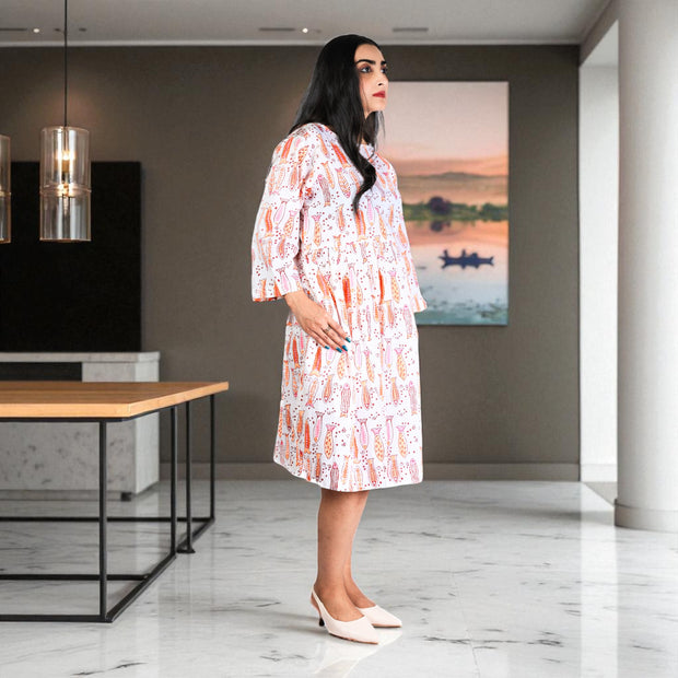 Citrus Wave Handblock Cotton Gathered Dress