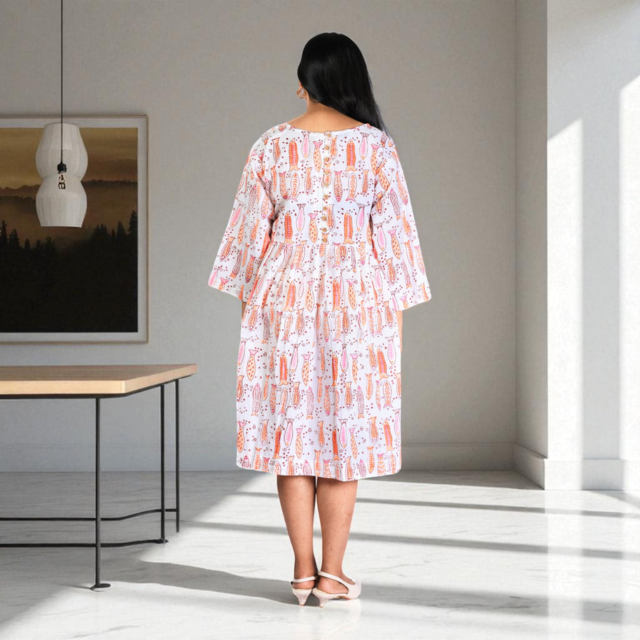 Citrus Wave Handblock Cotton Gathered Dress
