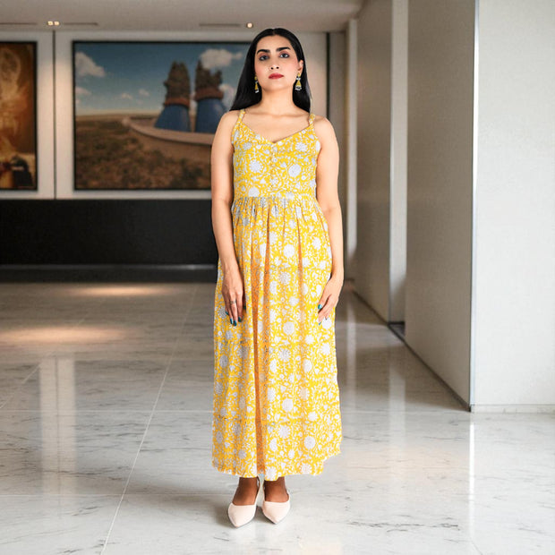 Sunbloom Handblock Noodle Strap Cotton Dress