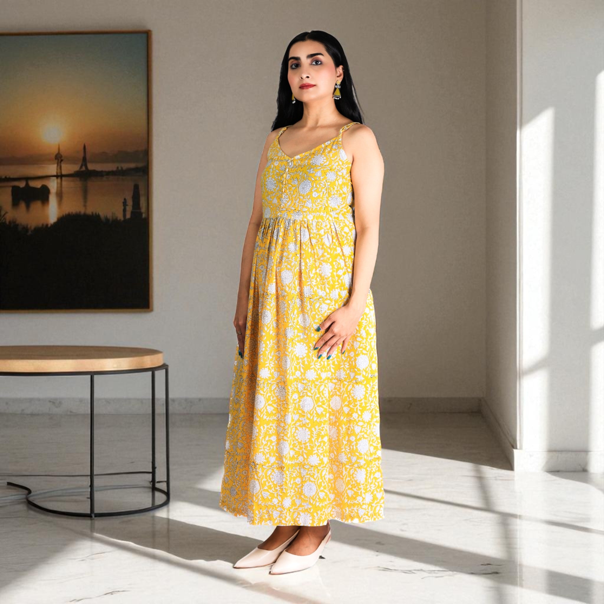 Sunbloom Handblock Noodle Strap Cotton Dress