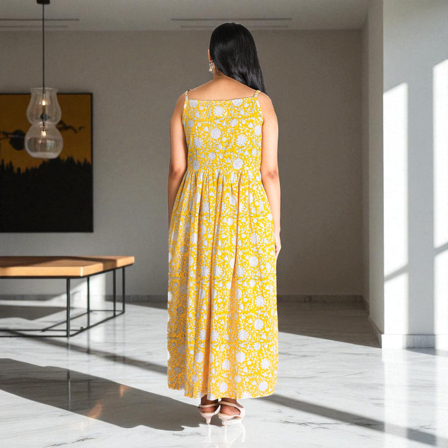 Sunbloom Handblock Noodle Strap Cotton Dress