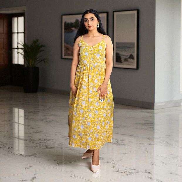 Sunbloom Handblock Noodle Strap Cotton Dress