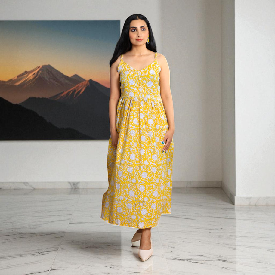 Sunbloom Handblock Noodle Strap Cotton Dress