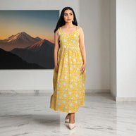 Sunbloom Handblock Noodle Strap Cotton Dress
