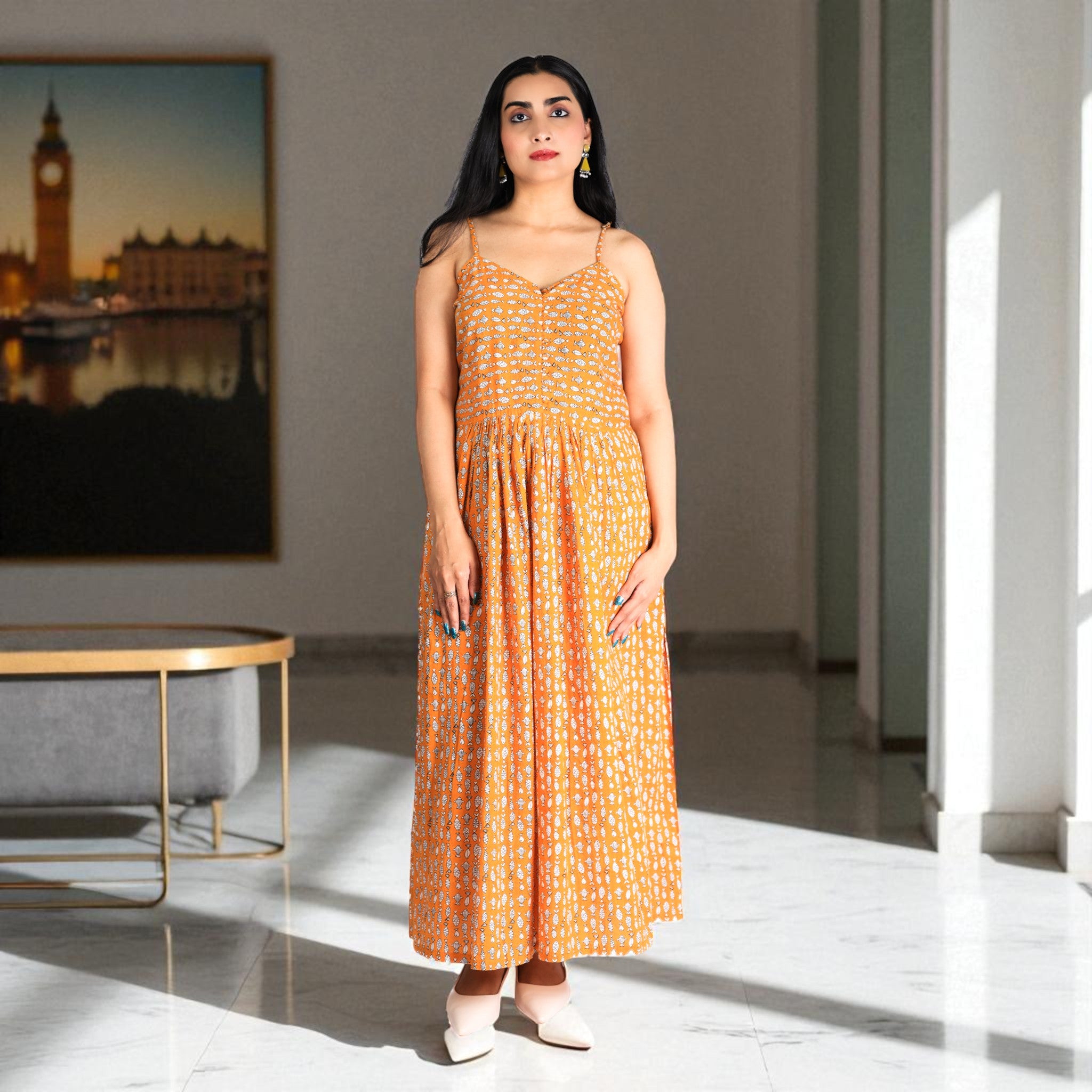 Orange Drift Handblock Cotton Noodles Strap Dress