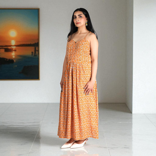 Orange Drift Handblock Cotton Noodles Strap Dress