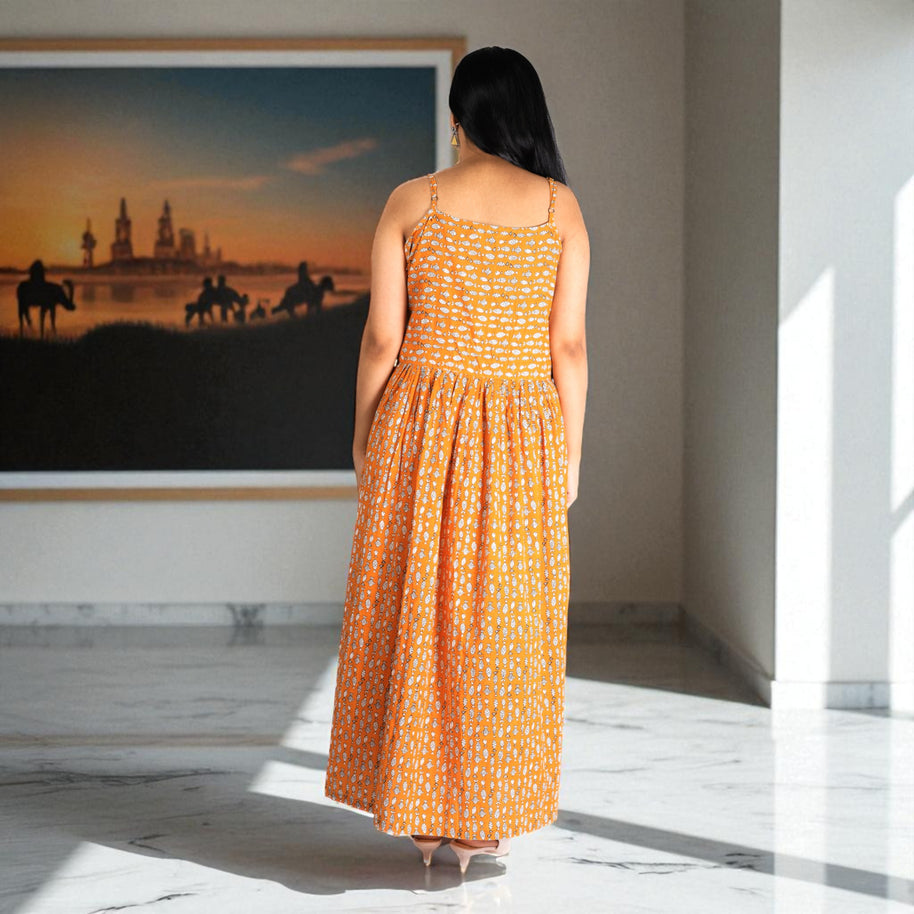 Orange Drift Handblock Cotton Noodles Strap Dress