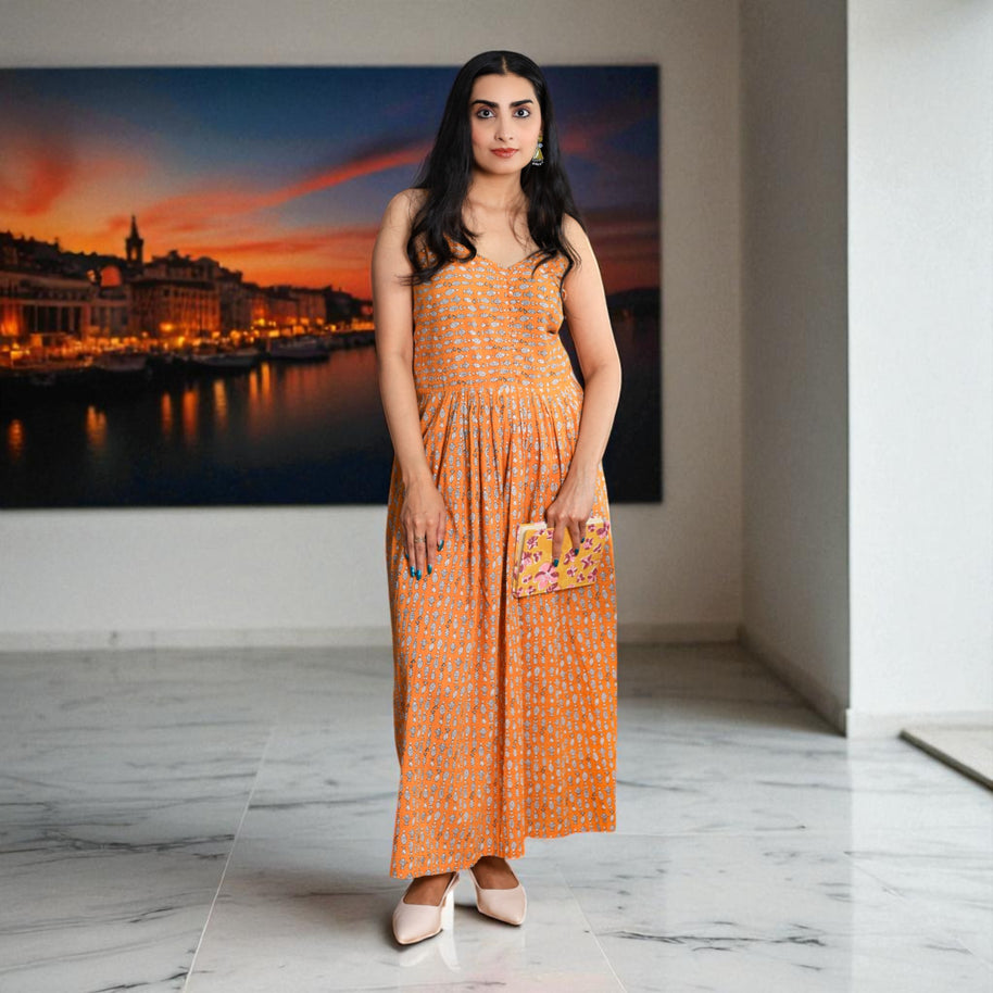 Orange Drift Handblock Cotton Noodles Strap Dress