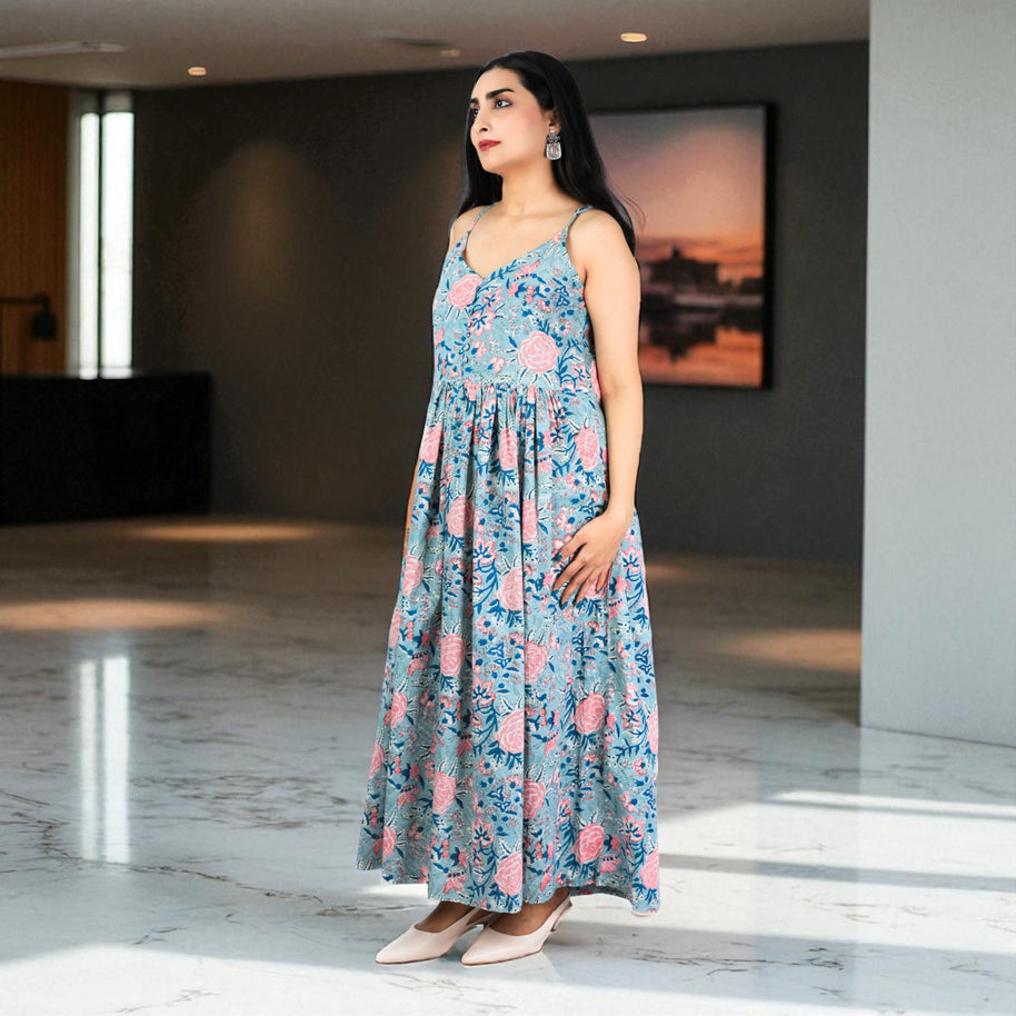 MeadowBloom Handblock Cotton Strap Dress