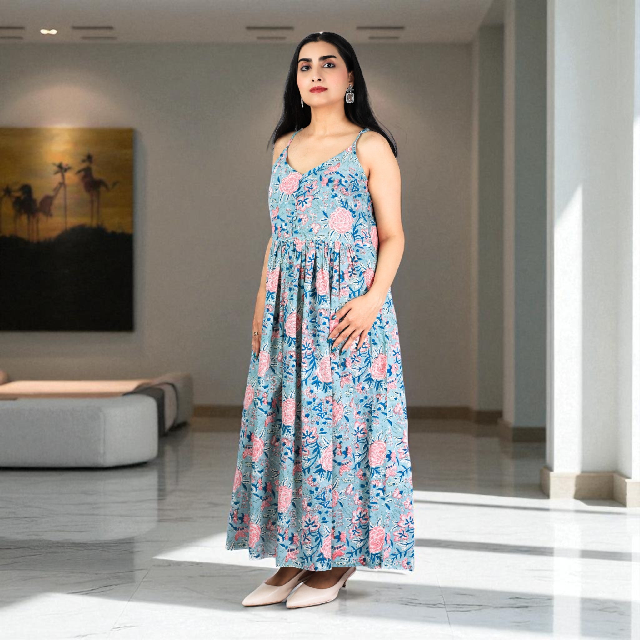 MeadowBloom Handblock Cotton Strap Dress