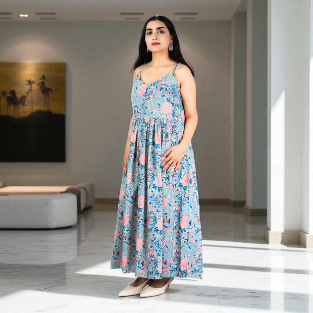 MeadowBloom Handblock Cotton Strap Dress
