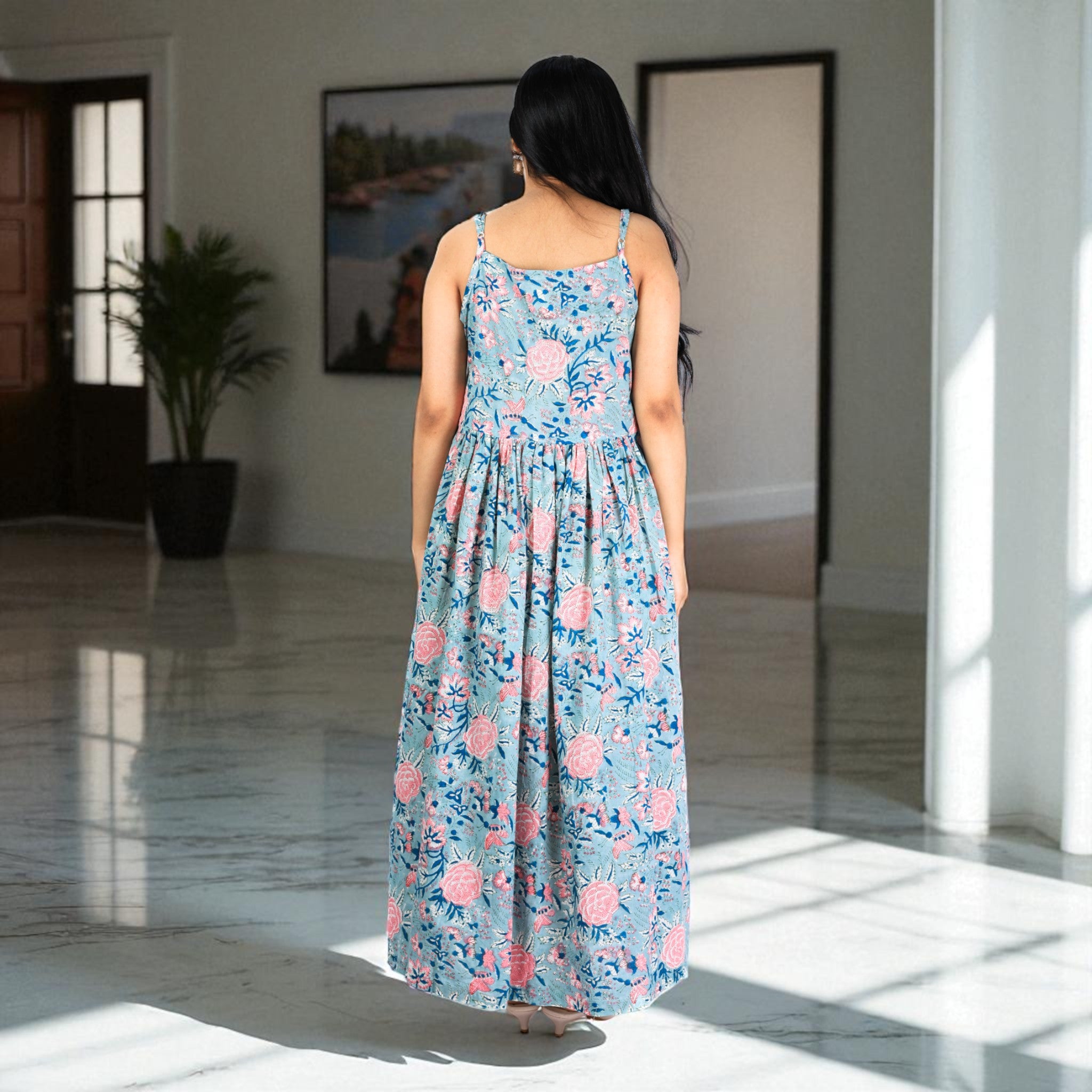 MeadowBloom Handblock Cotton Strap Dress