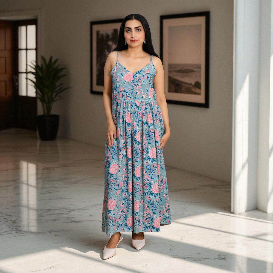 MeadowBloom Handblock Cotton Strap Dress