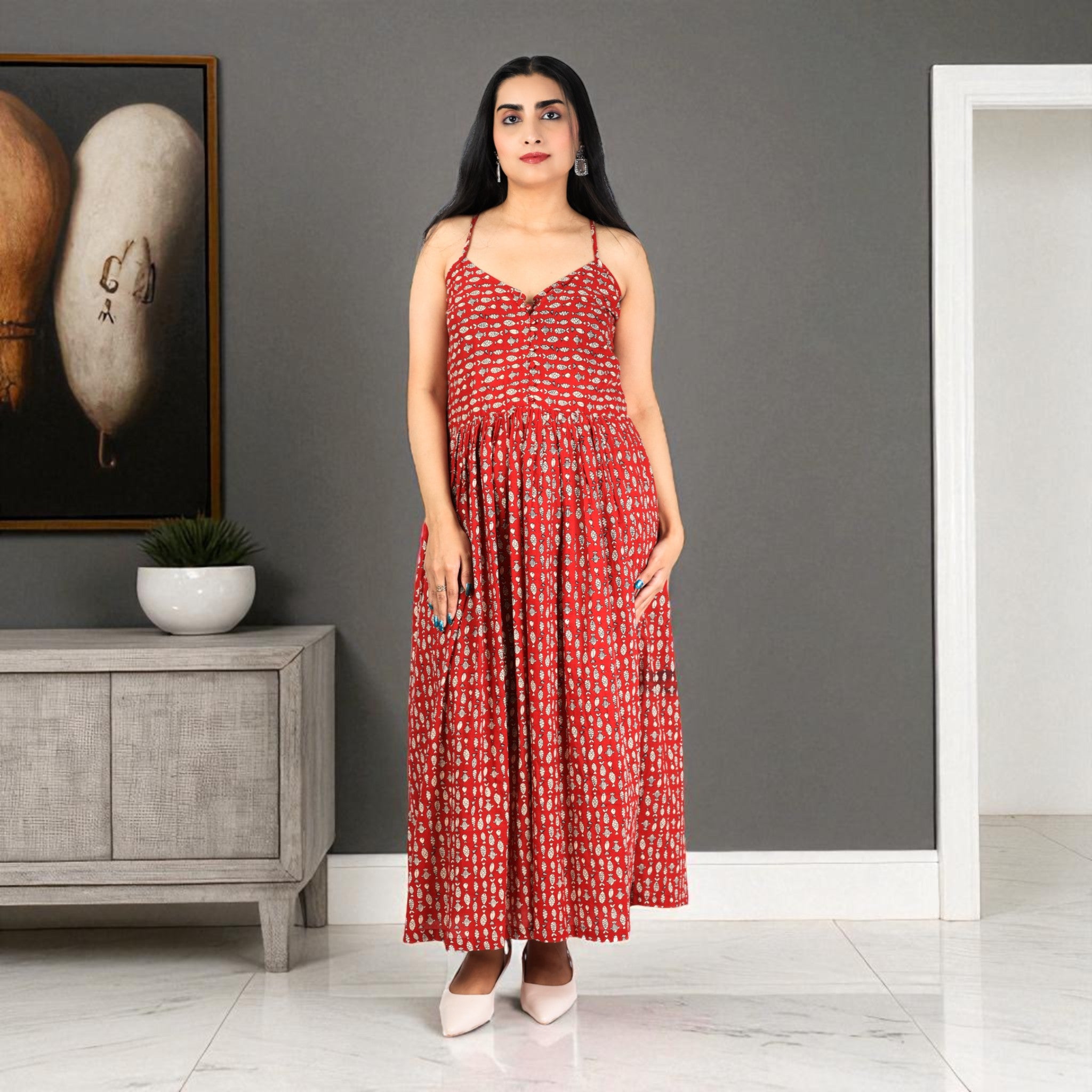 FishFlow Handblock Noodles Strap Cotton Dress