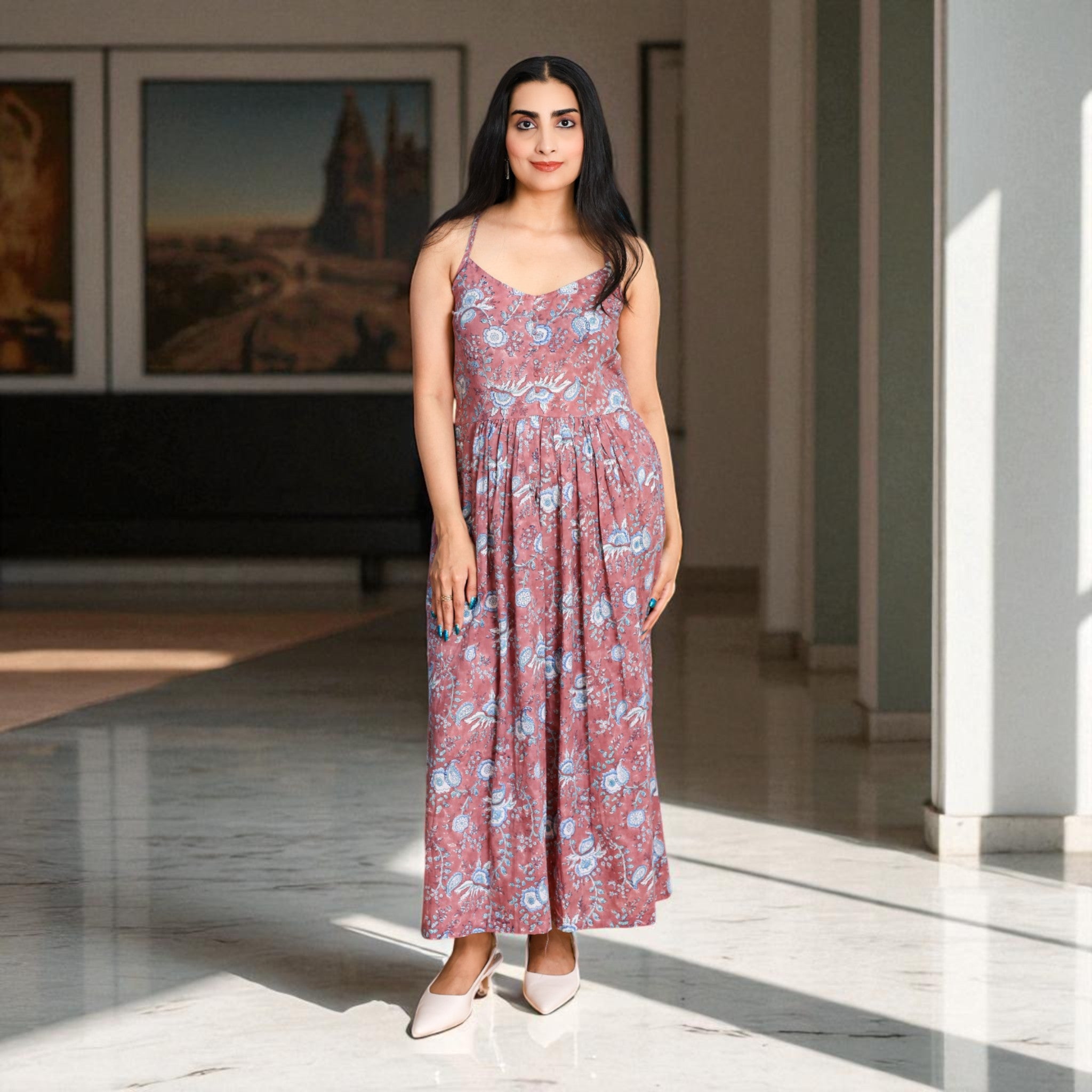 DuskRoot Handblock Cotton Noodle Strap Dress