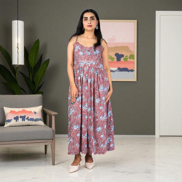 DuskRoot Handblock Cotton Noodle Strap Dress