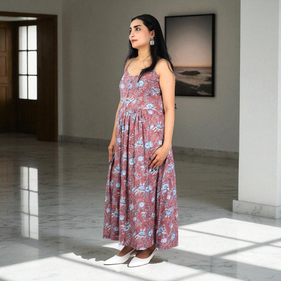 DuskRoot Handblock Cotton Noodle Strap Dress