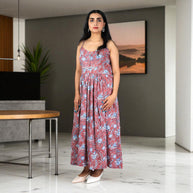 DuskRoot Handblock Cotton Noodle Strap Dress