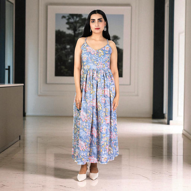 Grey Bloom Handblock Cotton Noodles Strap Dress