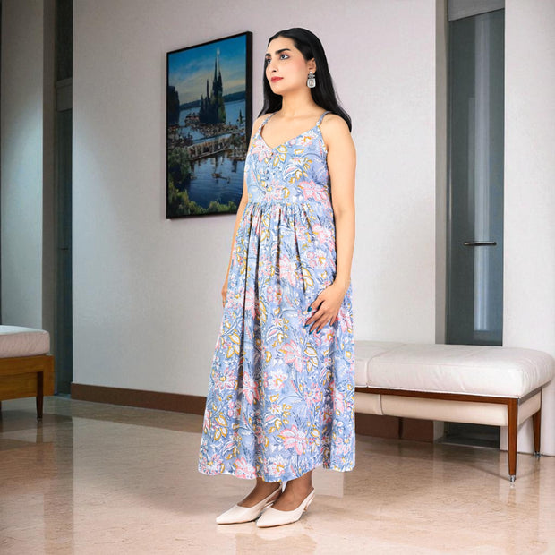 Grey Bloom Handblock Cotton Noodles Strap Dress