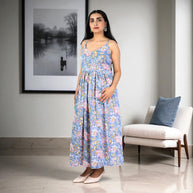 Grey Bloom Handblock Cotton Noodles Strap Dress