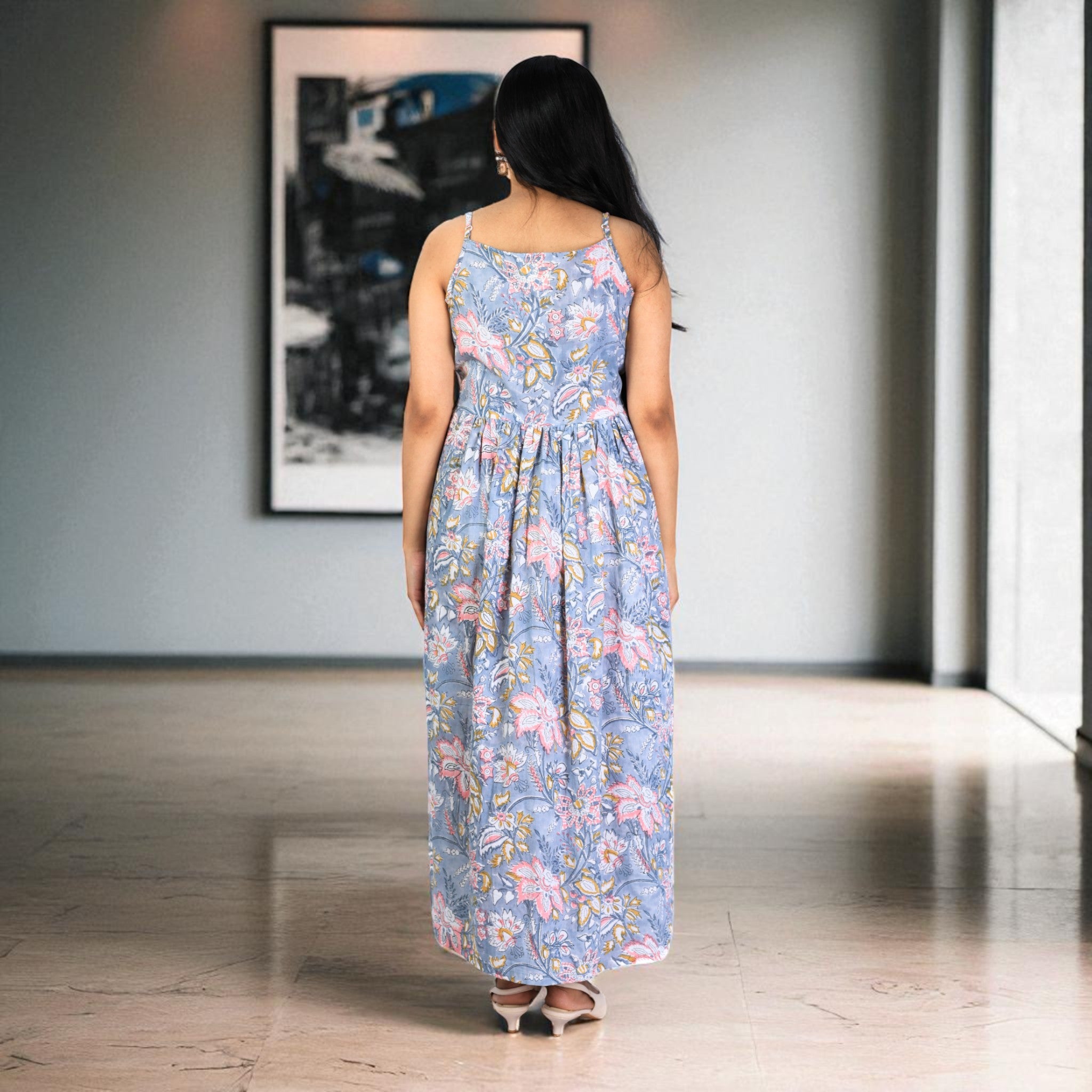 Grey Bloom Handblock Cotton Noodles Strap Dress