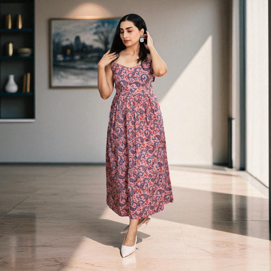 Paisley Whispers Handblock Noodle Strap Cotton Dress