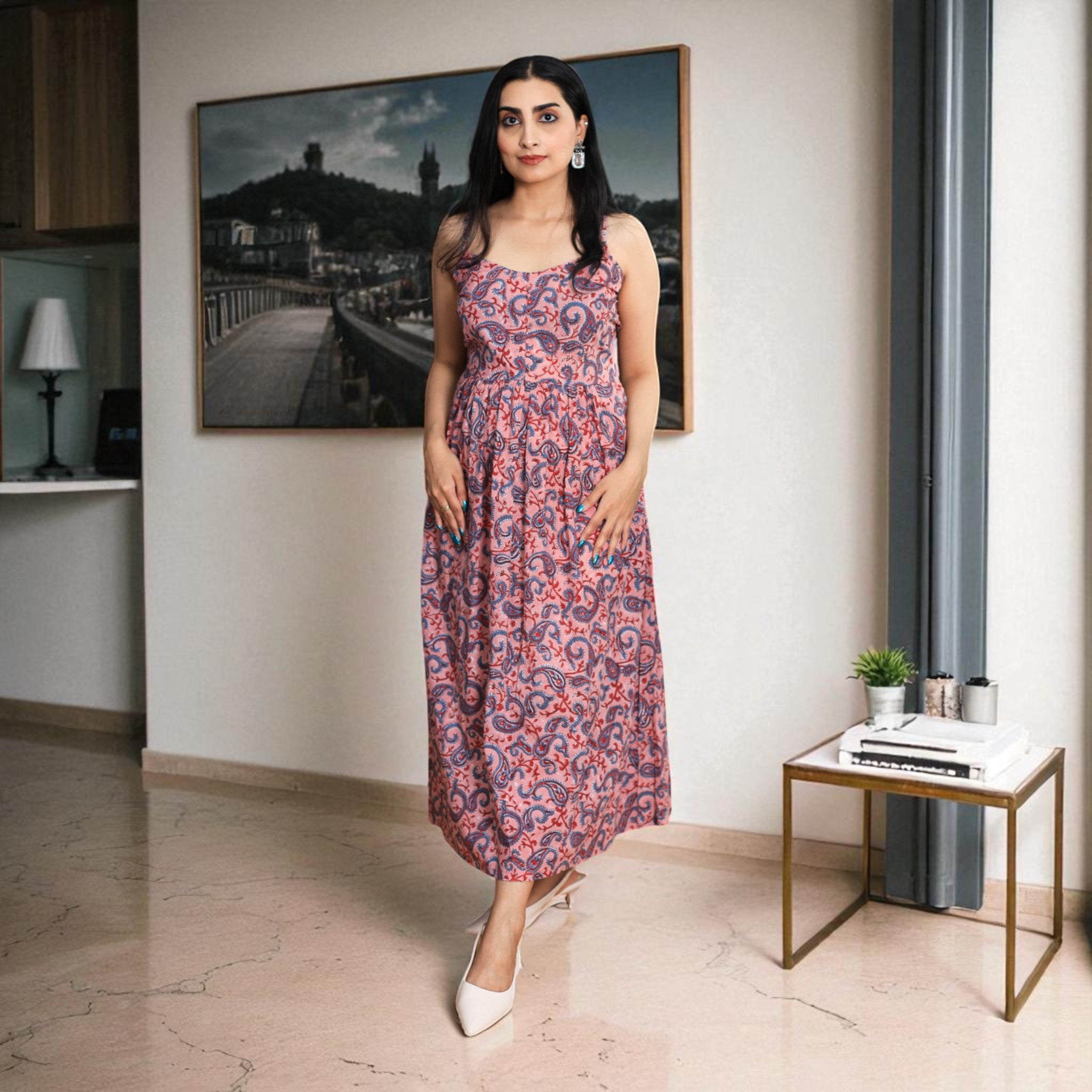 Paisley Whispers Handblock Noodle Strap Cotton Dress