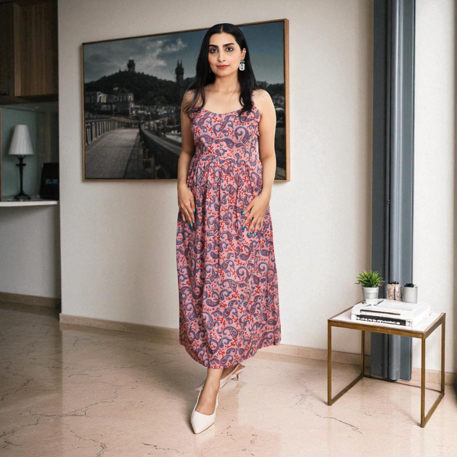Paisley Whispers Handblock Noodle Strap Cotton Dress