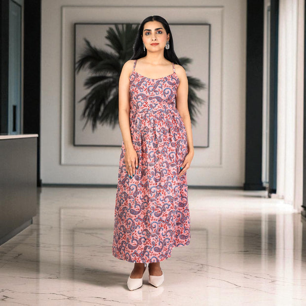 Paisley Whispers Handblock Noodle Strap Cotton Dress