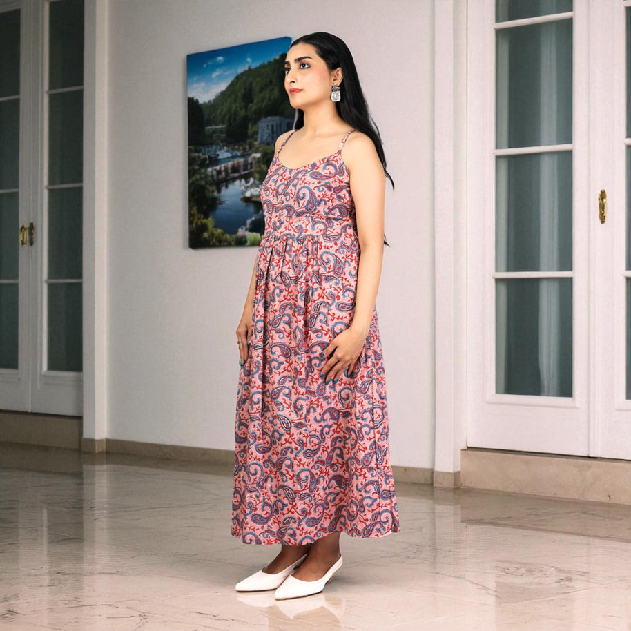 Paisley Whispers Handblock Noodle Strap Cotton Dress