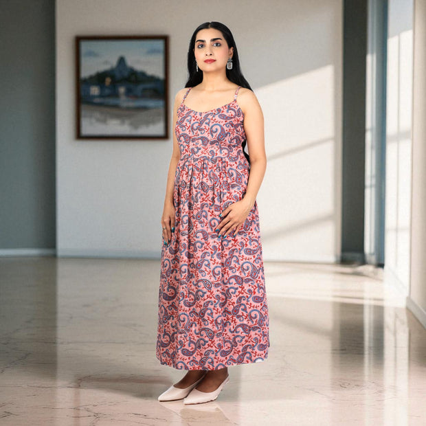 Paisley Whispers Handblock Noodle Strap Cotton Dress