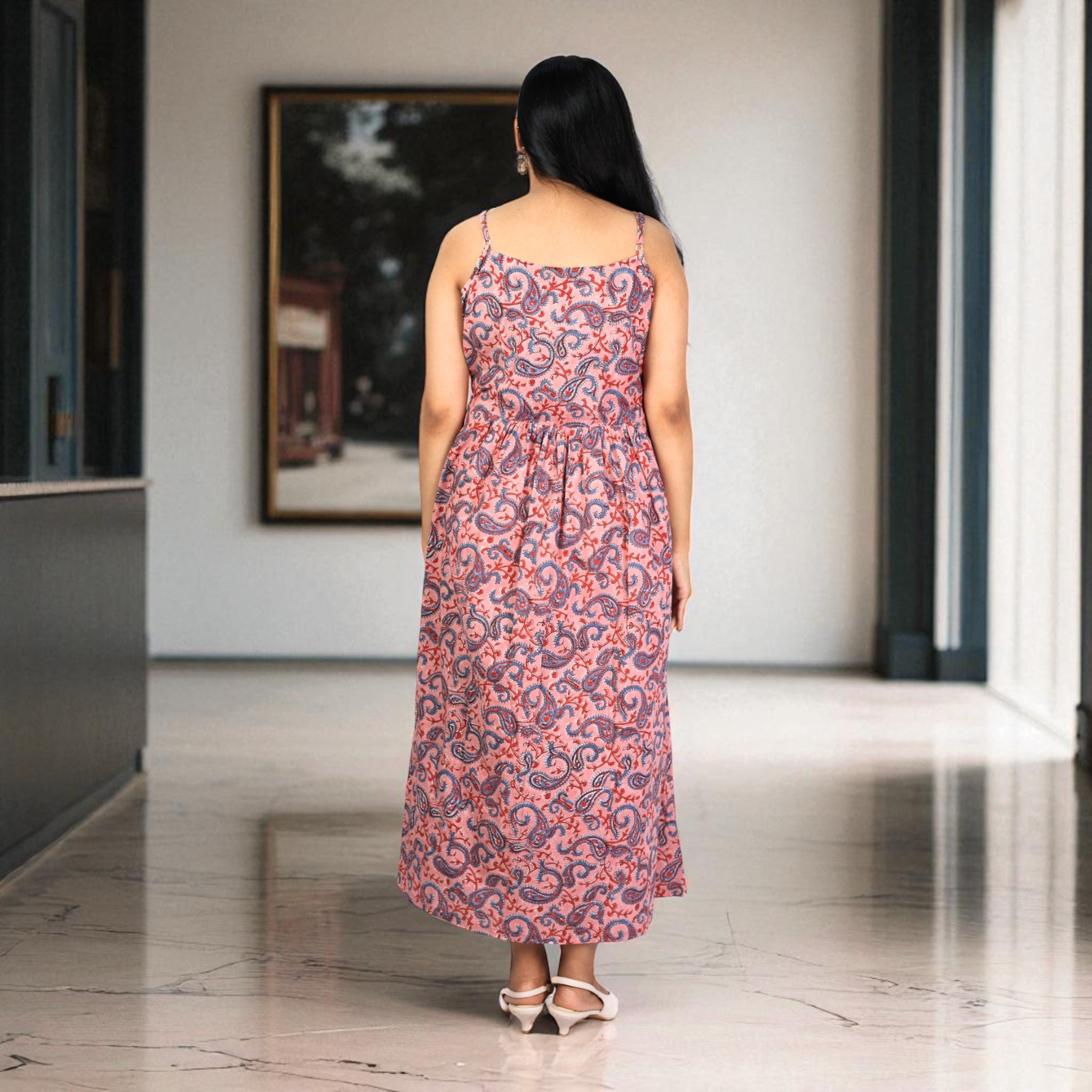 Paisley Whispers Handblock Noodle Strap Cotton Dress