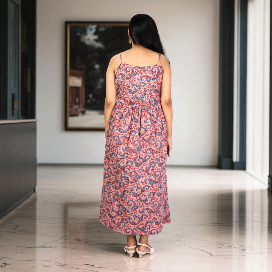 Paisley Whispers Handblock Noodle Strap Cotton Dress