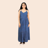 Indigo Dot Handblock Cotton Noodles Strap Dress