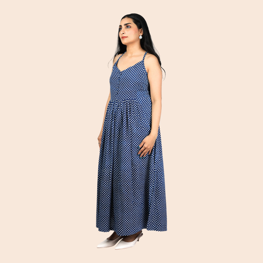 Indigo Dot Handblock Cotton Noodles Strap Dress
