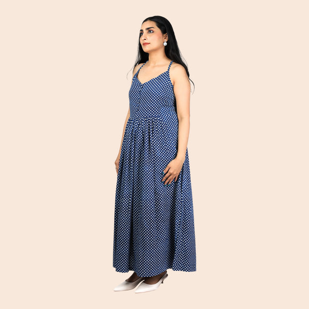 Indigo Dot Handblock Cotton Noodles Strap Dress