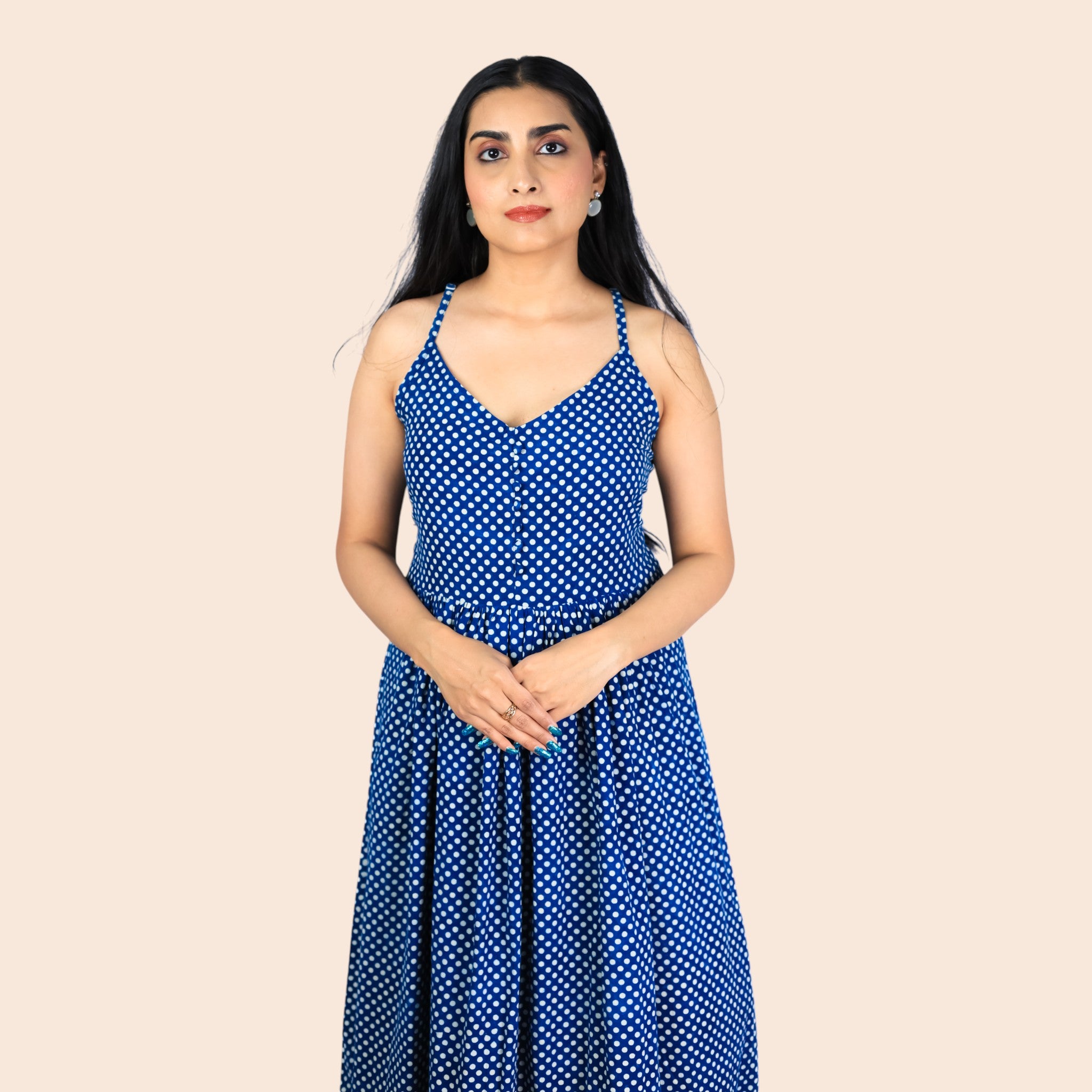 Indigo Dot Handblock Cotton Noodles Strap Dress